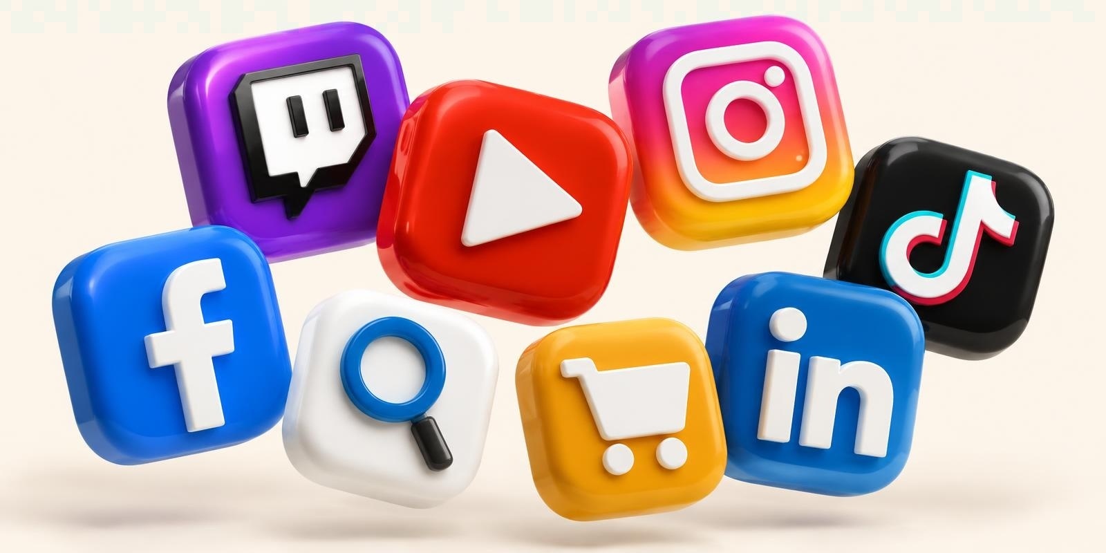 Twitch, YouTube, Instagram, TikTok, Facebook, LinkedIn, SEO and e-commerce icons